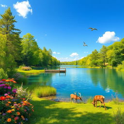 A serene landscape featuring a clear blue lake surrounded by lush green trees and colorful flowers