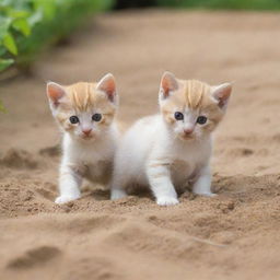 Delightful kittens playing merrily in a sandbox located in a lush park