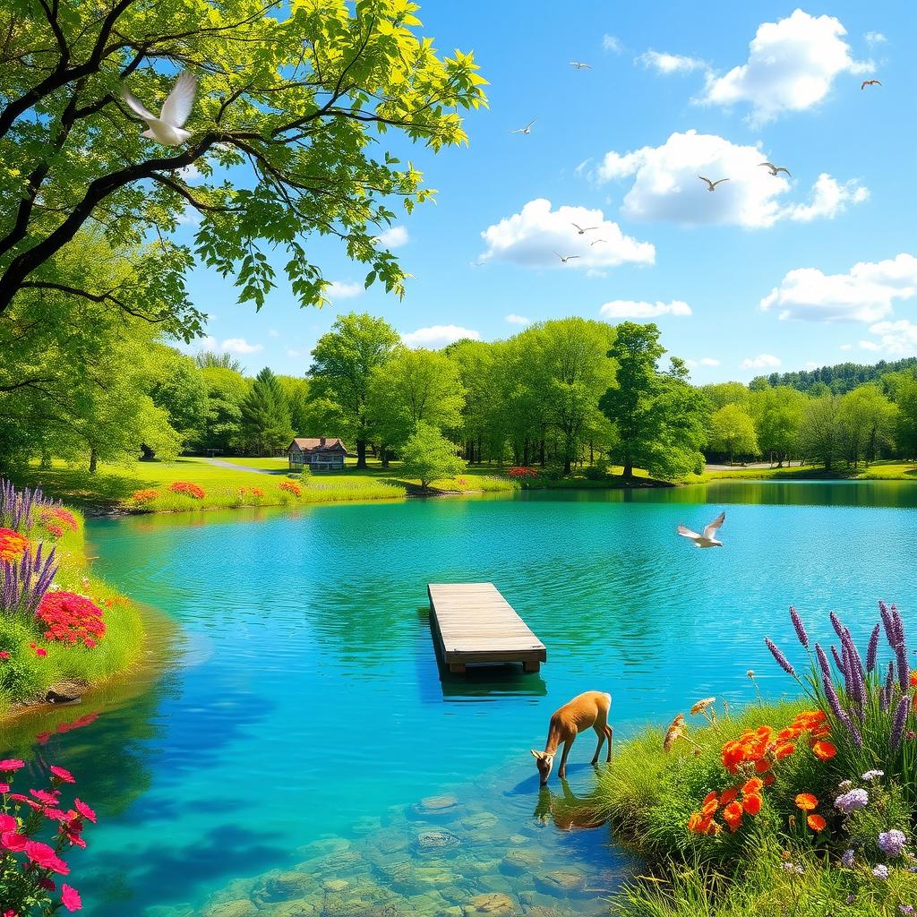 A serene landscape featuring a clear blue lake surrounded by lush green trees and colorful flowers