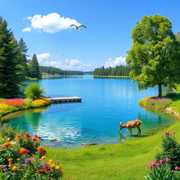 A serene landscape featuring a clear blue lake surrounded by lush green trees and colorful flowers