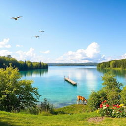 A serene landscape featuring a clear blue lake surrounded by lush green trees and colorful flowers