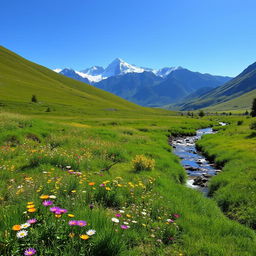 A serene landscape featuring a lush green meadow with colorful wildflowers, a clear blue sky, and a gentle stream flowing through it