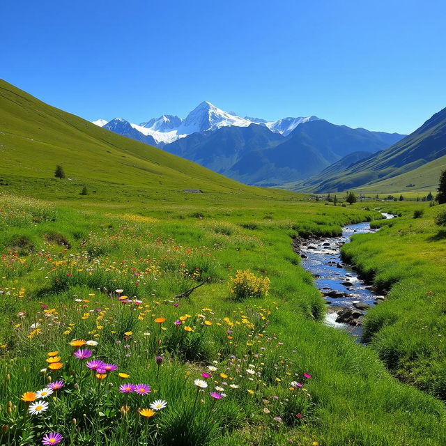 A serene landscape featuring a lush green meadow with colorful wildflowers, a clear blue sky, and a gentle stream flowing through it