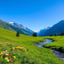 A serene landscape featuring a lush green meadow with colorful wildflowers, a clear blue sky, and a gentle stream flowing through it