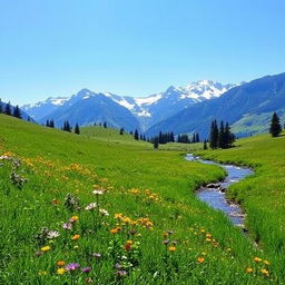 A serene landscape featuring a lush green meadow with colorful wildflowers, a clear blue sky, and a gentle stream flowing through it