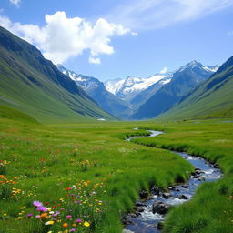 A serene landscape featuring a lush green meadow with colorful wildflowers, a clear blue sky, and a gentle stream flowing through it