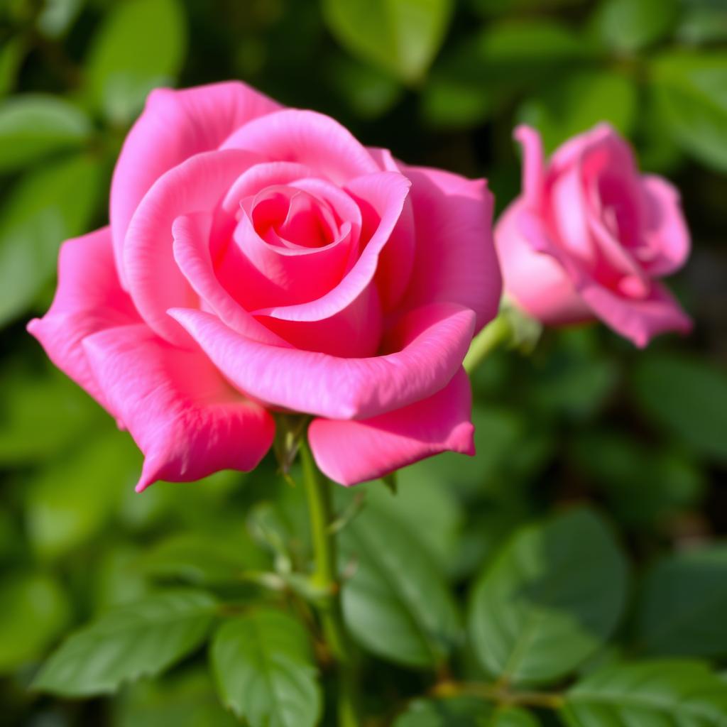 A beautiful pink rose in full bloom, with delicate petals and vibrant colors