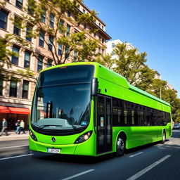 A vibrant green bus driving down a city street