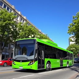 A vibrant green bus driving down a city street