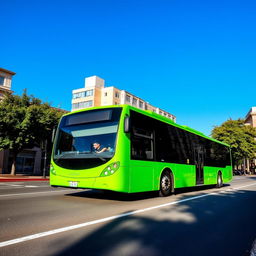 A vibrant green bus driving down a city street