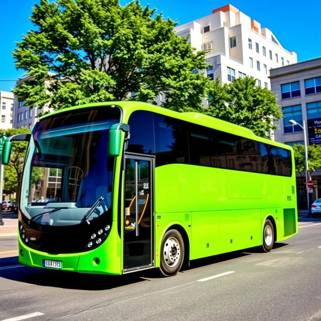 A vibrant green bus driving down a city street