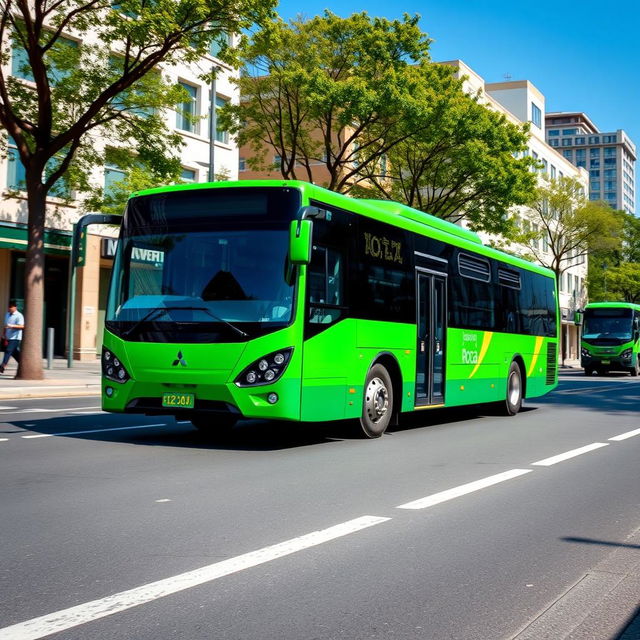 A vibrant green Mitsubishi Rosa bus driving down a city street