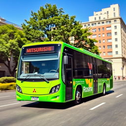 A vibrant green Mitsubishi Rosa bus driving down a city street