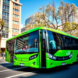 A vibrant green Mitsubishi Rosa bus driving down a city street