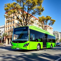 A vibrant green Mitsubishi Rosa bus driving down a city street