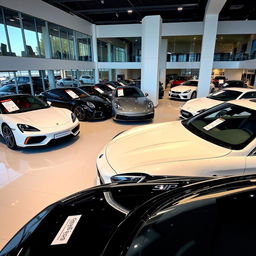 A sleek and modern car showroom featuring various luxury cars