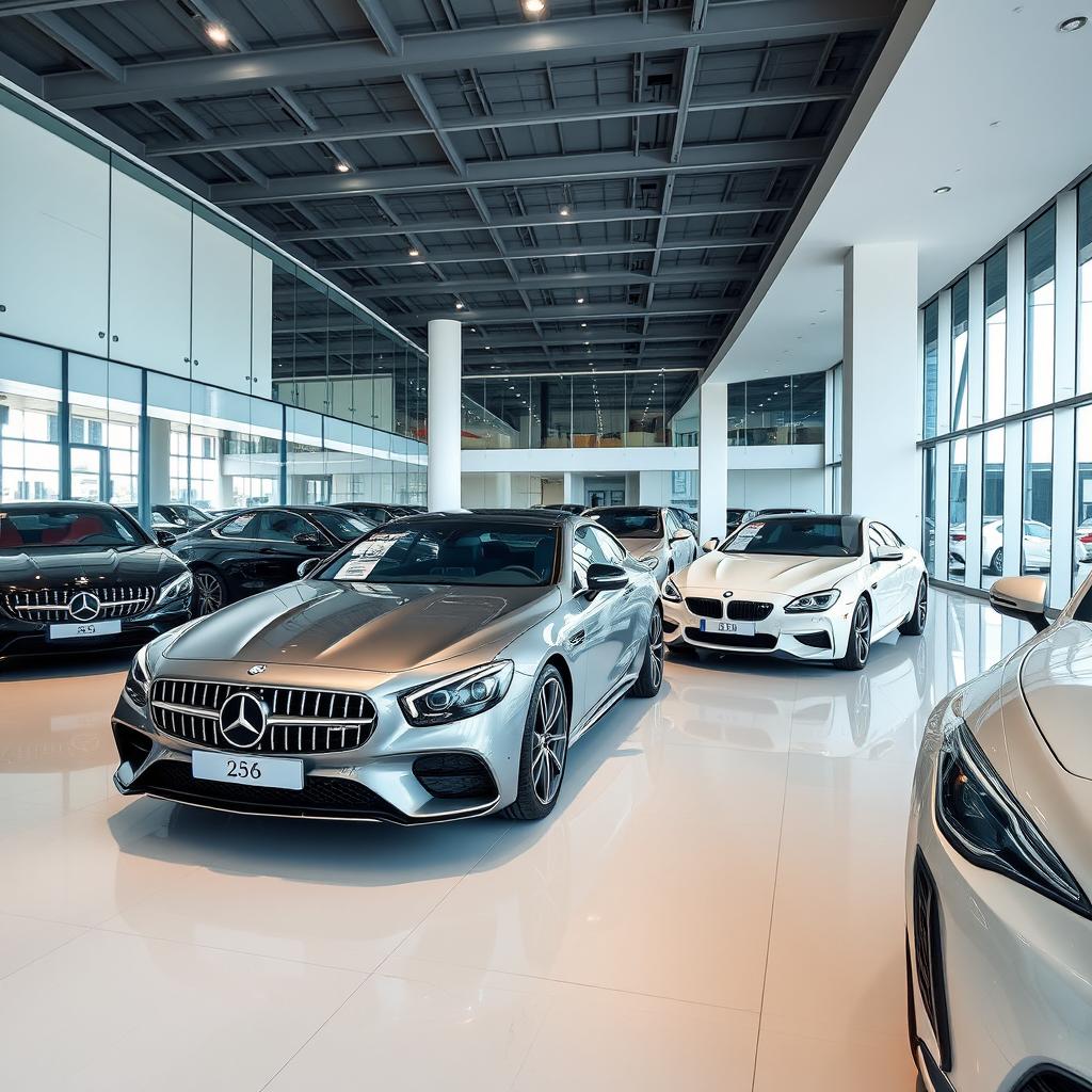 A sleek and modern car showroom featuring various luxury cars