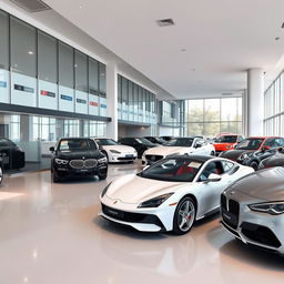 A sleek and modern car showroom featuring various luxury cars