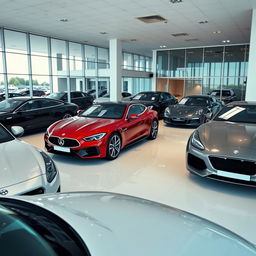 A sleek and modern car showroom featuring various luxury cars