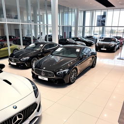 A sleek and modern car showroom featuring various luxury cars