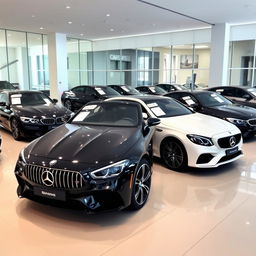 A sleek and modern car showroom featuring various luxury cars