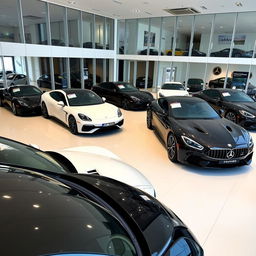 A sleek and modern car showroom featuring various luxury cars