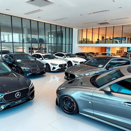 A sleek and modern car showroom featuring various luxury cars