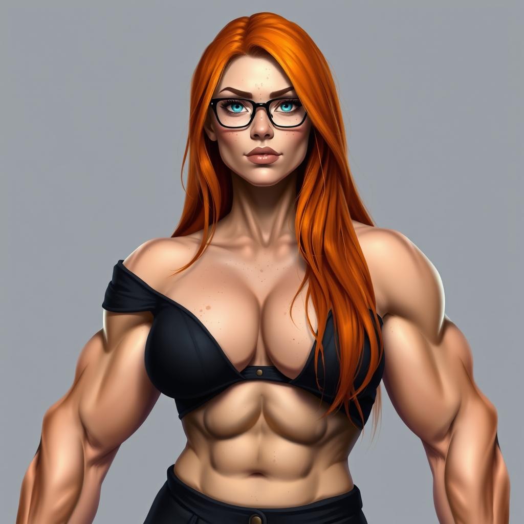 A strong, muscular woman with long orange hair and large breasts, dressed in a black off-shoulder dress