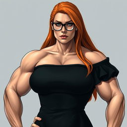 A strong, muscular woman with long orange hair and large breasts, dressed in a black off-shoulder dress