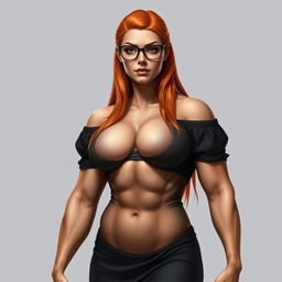 A strong, muscular woman with long orange hair and large breasts, dressed in a black off-shoulder dress