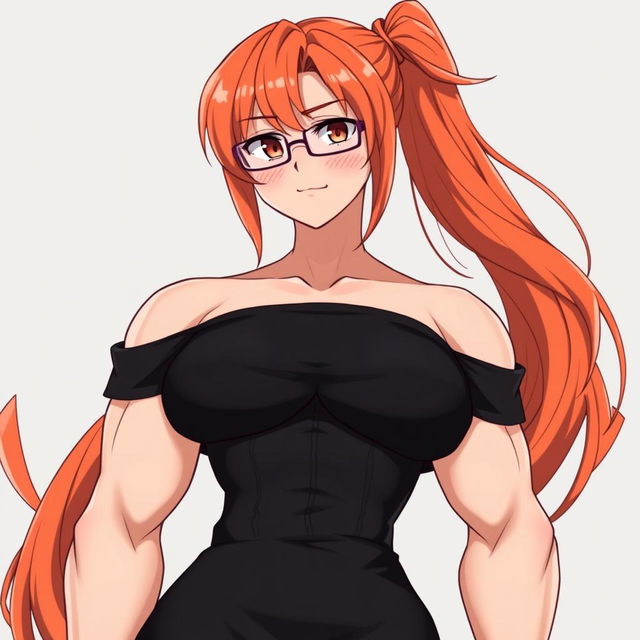 An anime-style muscular girl with long orange hair and large breasts, dressed in a black off-shoulder dress