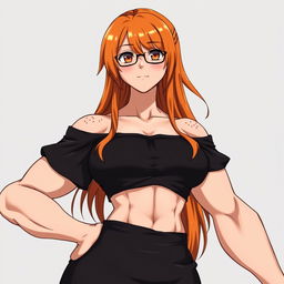 An anime-style muscular girl with long orange hair and large breasts, dressed in a black off-shoulder dress