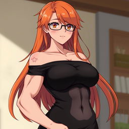 An anime-style muscular girl with long orange hair and large breasts, dressed in a black off-shoulder dress