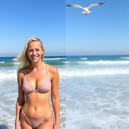 A blonde person wearing a transparent sling bikini, standing by the beach with the ocean waves in the background