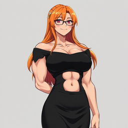 An anime-style muscular girl with long orange hair and large breasts, dressed in a black off-shoulder dress