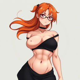 An anime-style muscular girl with long orange hair and large breasts, dressed in a black off-shoulder dress