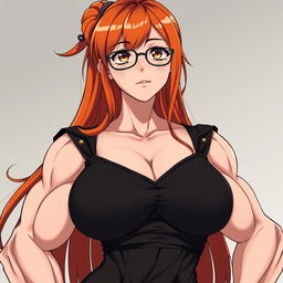 An anime-style muscular girl with long orange hair and large breasts, dressed in a black off-shoulder dress