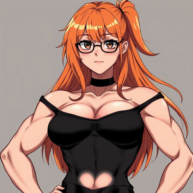 An anime-style muscular girl with long orange hair and large breasts, dressed in a black off-shoulder dress