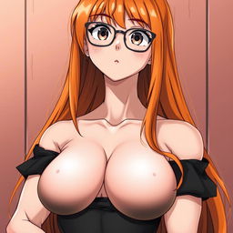 An anime-style muscular girl with long orange hair and large breasts, dressed in a black off-shoulder dress