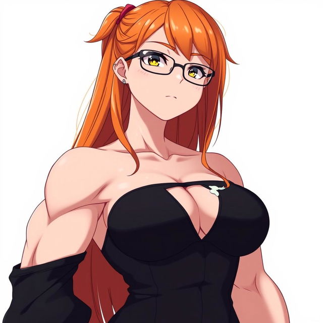 An anime-style muscular girl with long orange hair and large breasts, dressed in a black off-shoulder dress