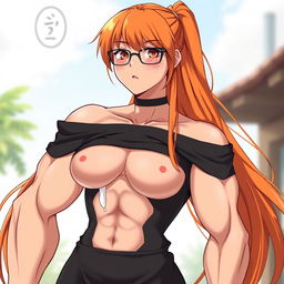 An anime-style muscular girl with long orange hair and large breasts, dressed in a black off-shoulder dress