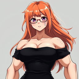 An anime-style muscular girl with long orange hair and large breasts, dressed in a black off-shoulder dress