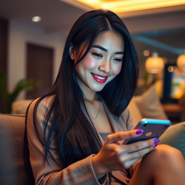 A beautiful Asian woman with long, sleek black hair and flawless skin, sitting comfortably while playing a slot game on her smartphone