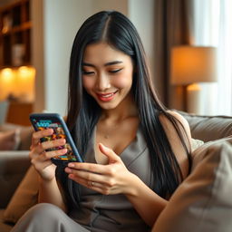 A beautiful Asian woman with long, sleek black hair and flawless skin, sitting comfortably while playing a slot game on her smartphone