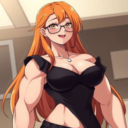 An anime-style muscular girl with long orange hair and large breasts, dressed in a black off-shoulder dress