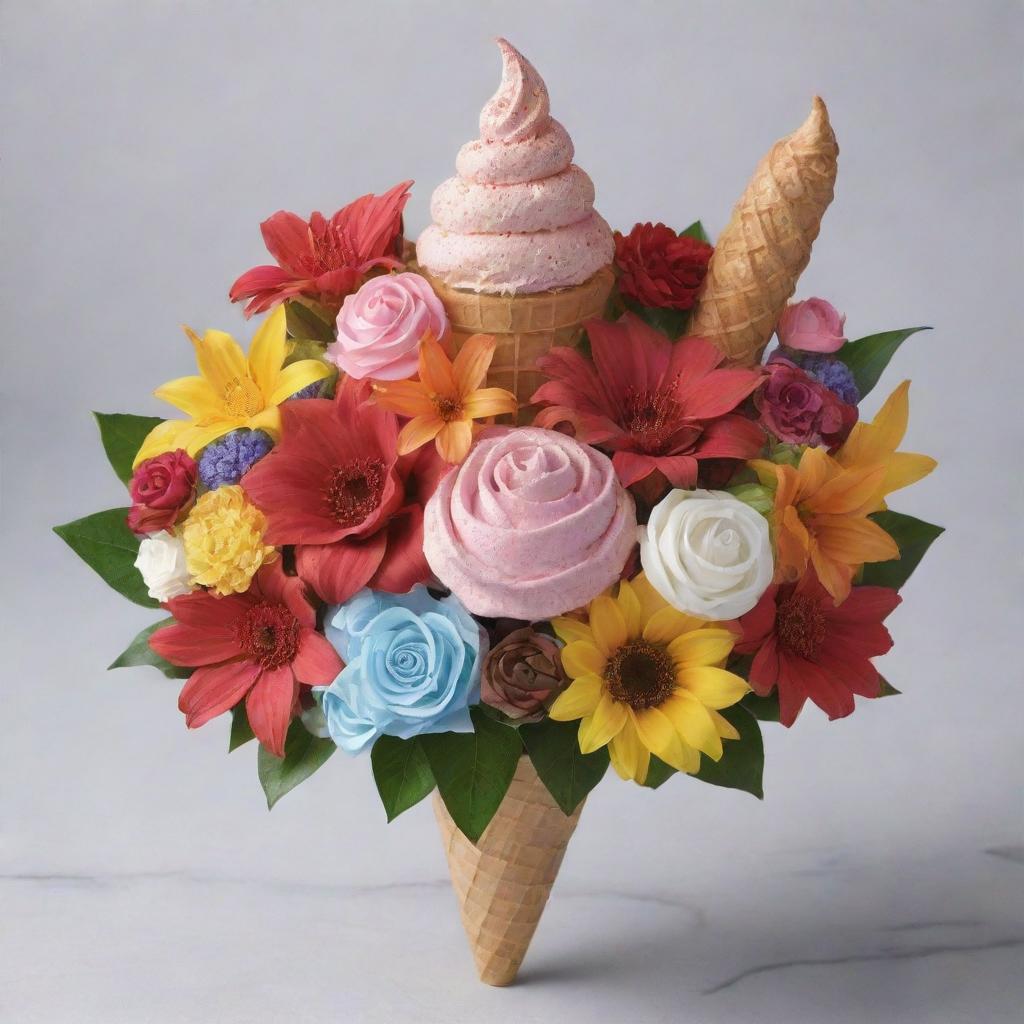 A photorealistic bouquet made up of flowers that look like an ice cream cone, sun, moon, and music note. Adorn the bouquet with star, leaf, candy, and gift-shaped toppings.