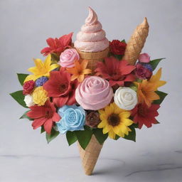 A photorealistic bouquet made up of flowers that look like an ice cream cone, sun, moon, and music note. Adorn the bouquet with star, leaf, candy, and gift-shaped toppings.