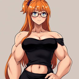 An anime-style muscular girl with long orange hair and large breasts, dressed in a black off-shoulder dress