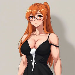 An anime-style muscular girl with long orange hair and large breasts, dressed in a black off-shoulder dress