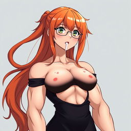 An anime-style muscular girl with long orange hair and large breasts, dressed in a black off-shoulder dress